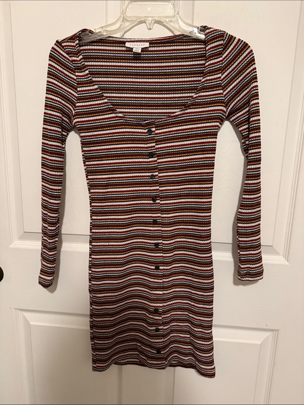 Topshop Striped Button-Front Long Sleeve Dress in Multi-Color